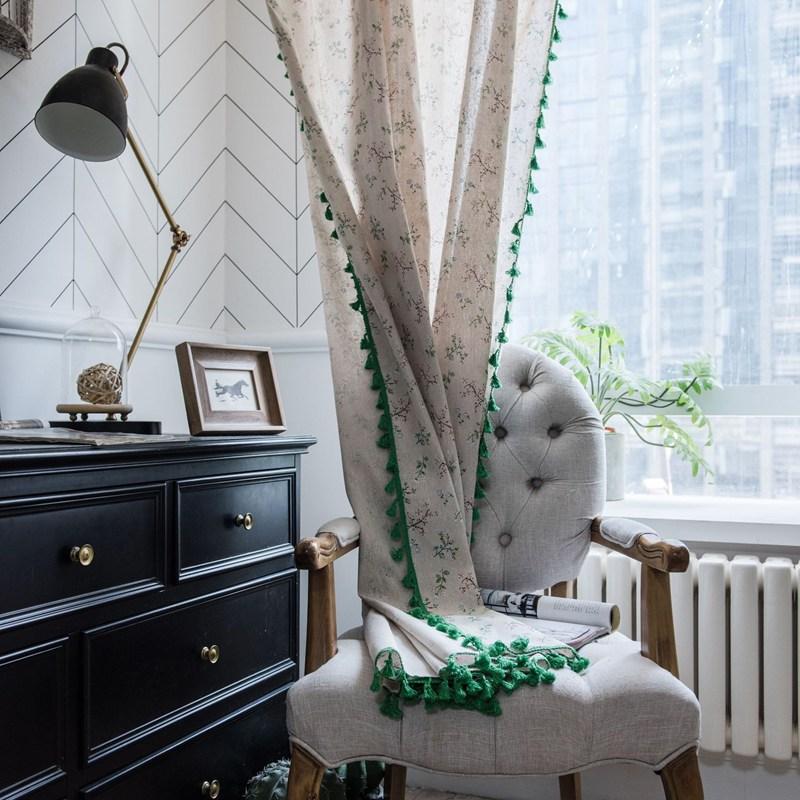 American Style Cotton Linen Small Floral Printing Green Tassel Window Curtain Semi-shading Drapes Living Room Bedroom Kitchen