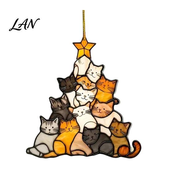 Indoor Outdoor Festive Decor Christmas Suncatcher, Stained Glass Style Window Hanging Ornament, Cute Cat Santa Decorative Sun Catcher Gift Claus