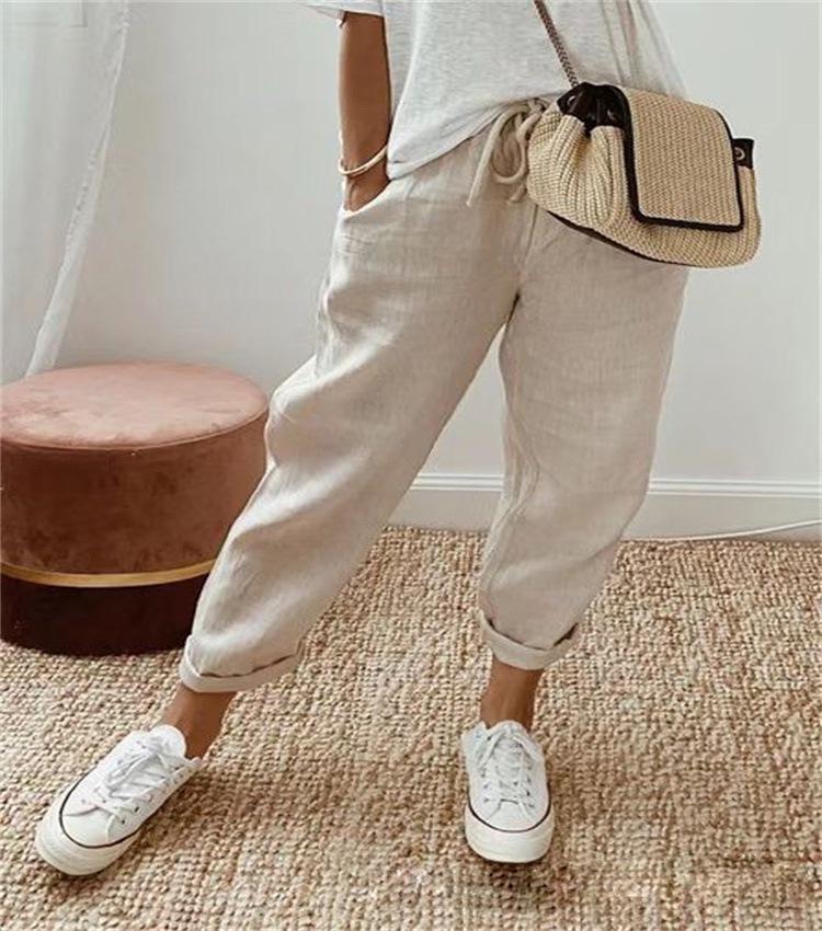 Women s cotton and linen pockets elastic casual pants women s pants S хаки