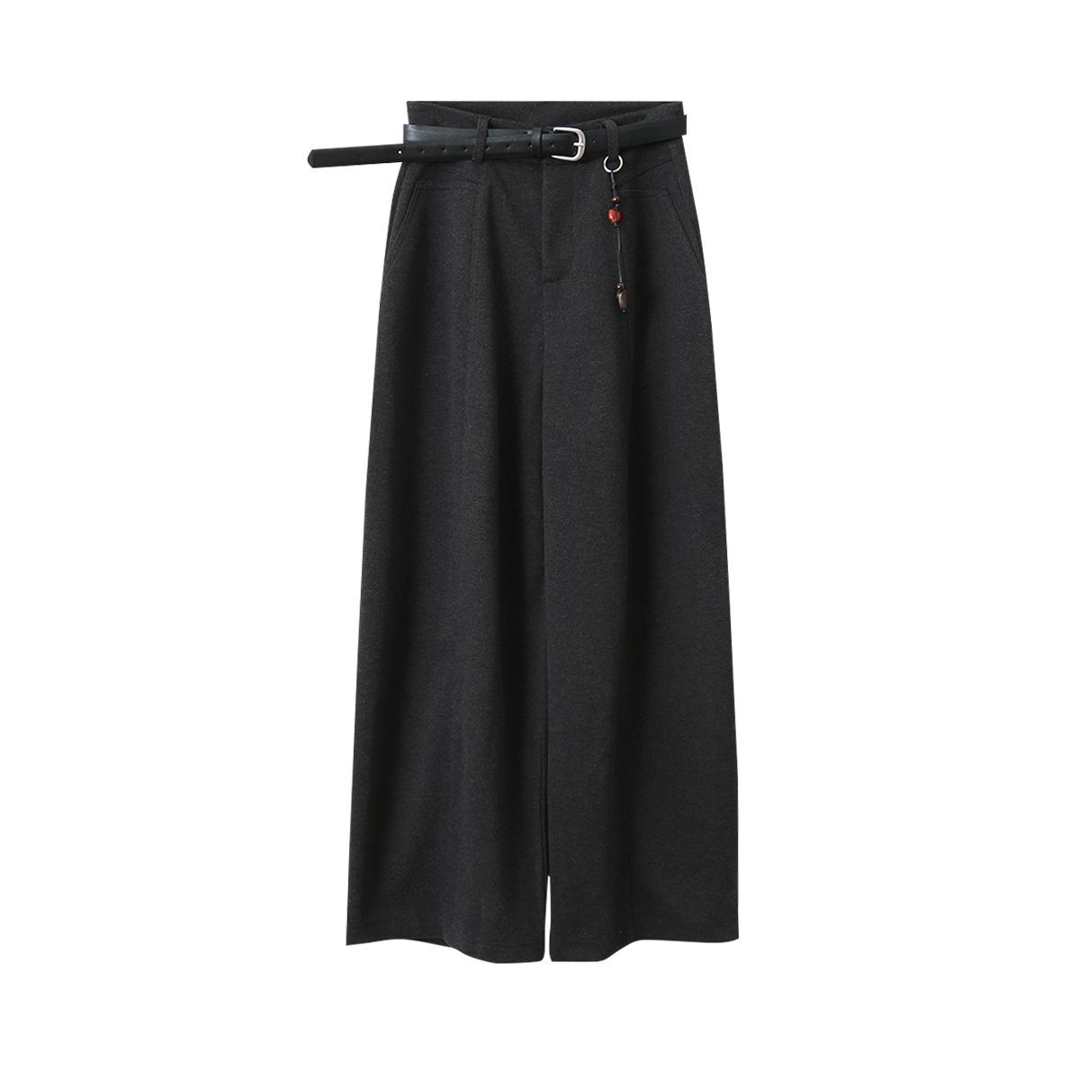 High Waist Curved Woolen Wide Leg Pants 11125 Medium