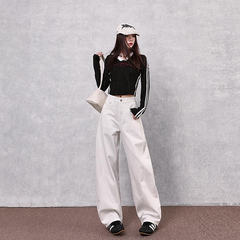 Women s White Curved Blade Jeans: 2025 Autumn Loose Wide-Leg 3D Patchwork Scythe Pants 4XL