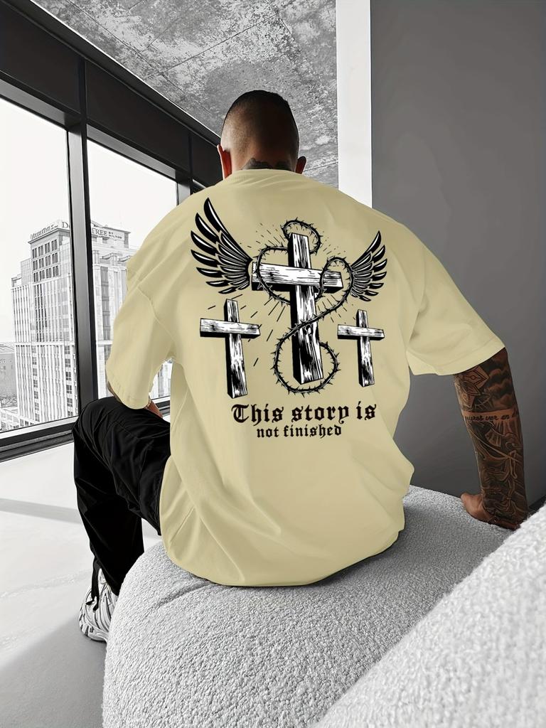 New men's summer cross and wing print breathable and comfortable round neck T-shirt outdoor fashionable casual top
