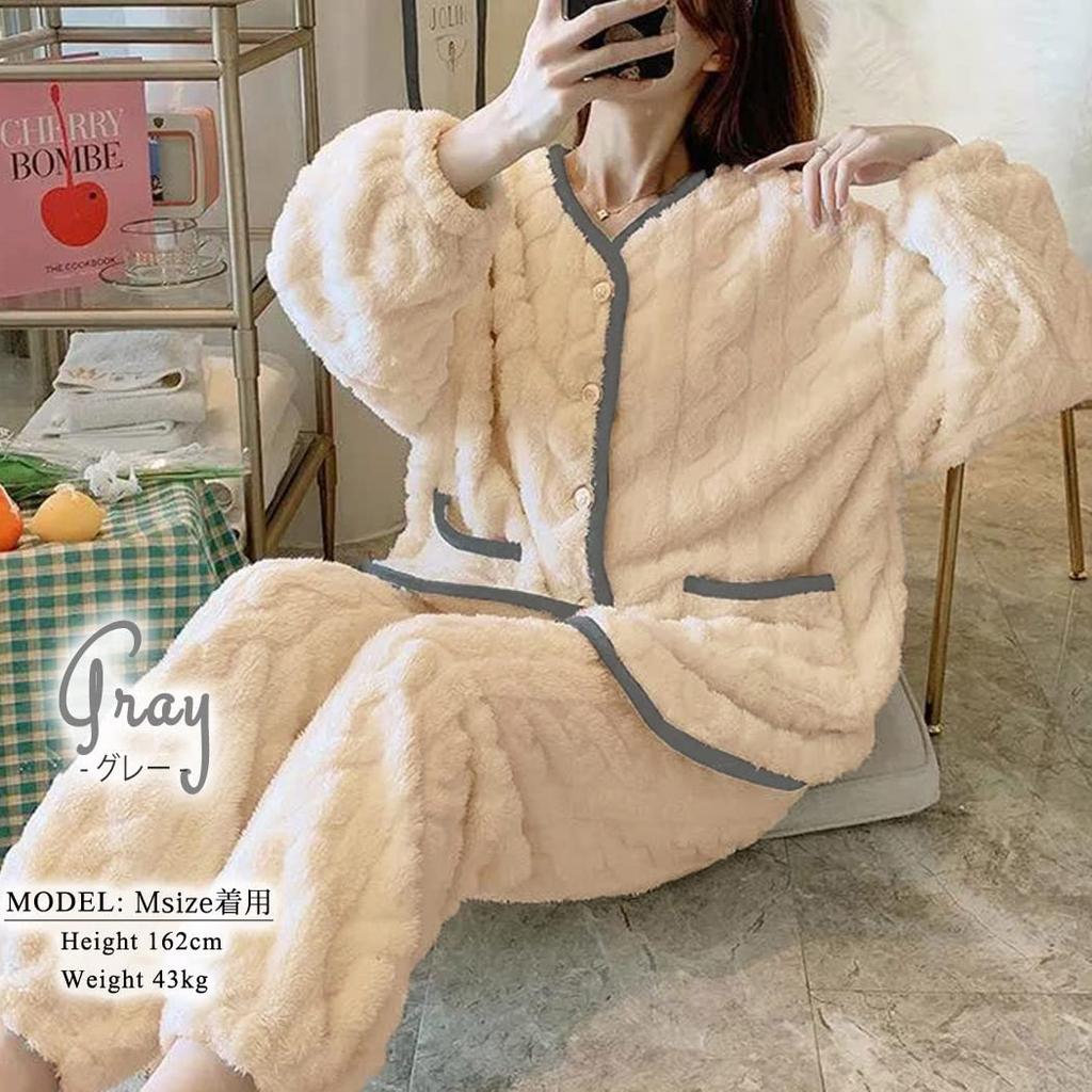 DAYCLOSET Long Sleeve Loungewear Set with Fluffy Boa Fabric for Cable Winter Roomwear145 Women's Warmth, Knit, Style, (XL, Gray)