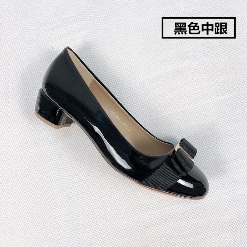 Patent leather leather single shoes bow flat bottom round head shallow mouth new red wedding shoes versatile thick heel medium heel women's shoes