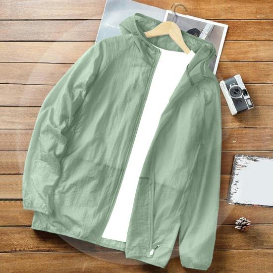 Men Sunscreen Coat Thin Zipper Closure Solid Color Summer Outdoor Sports Sun Protection Hooded Jacket Daily Wear