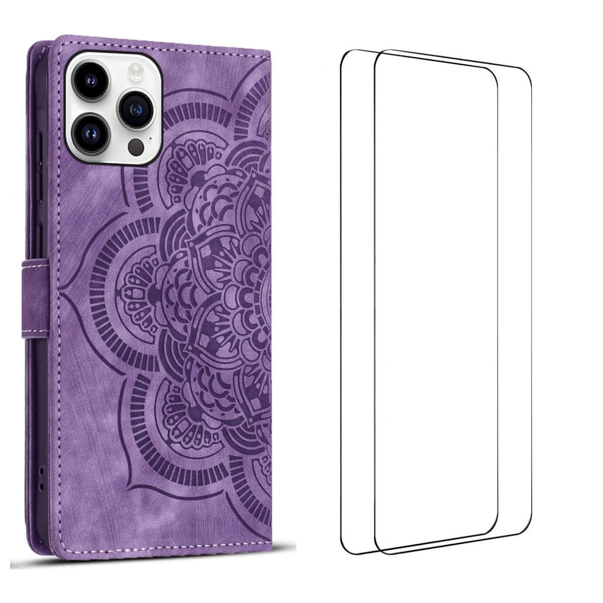 

For iPhone 15 Pro Case with 2Pcs Tempered Glass WANLONFENG MTL Series Mandala Leather Phone Cover Purple