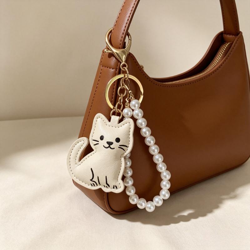 Yogodlns Cute Cartoon Cat Faux Leather Keychain Lovely Kitten Bag Charm Handbag Pendant Cat Lover Gift Key Ring