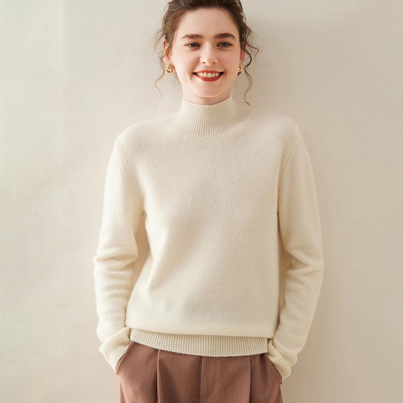 Women's Cashmere Half High Neck Slimming Solid Color Sweater for Autumn/Winter