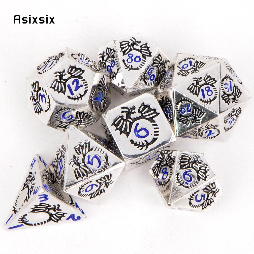 7 Pcs Black White Dragon Metal Dice Solid Metal Polyhedral Dice Set Suitable for Role-Playing RPG Board Game Card Game