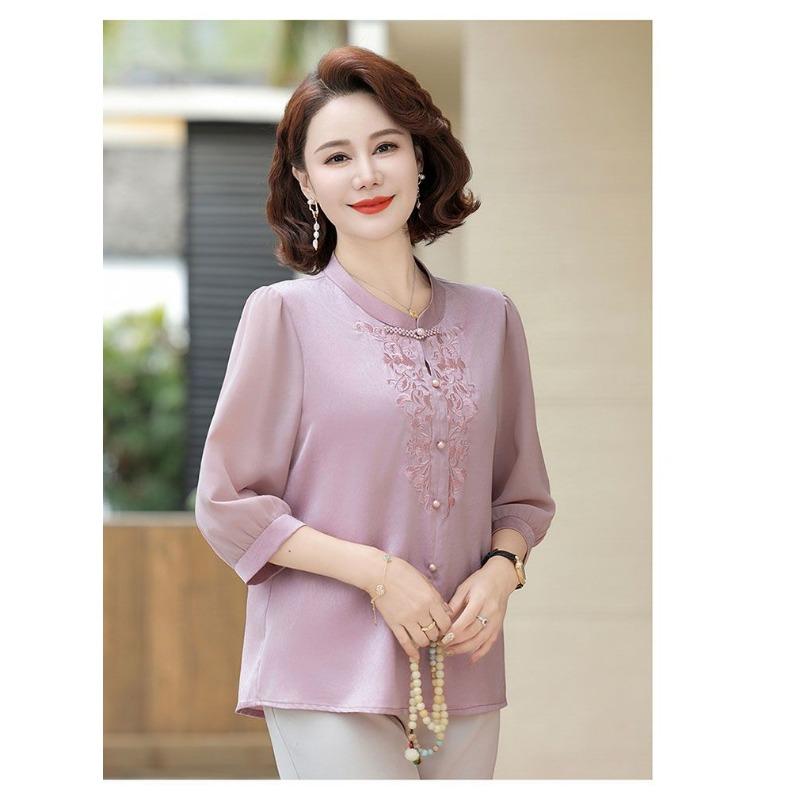 Damen Rundhals Halbarm Froschknopf Floral Schmetterling Stickerei Locker Bluse Hellgrün Lässiges Oberteil