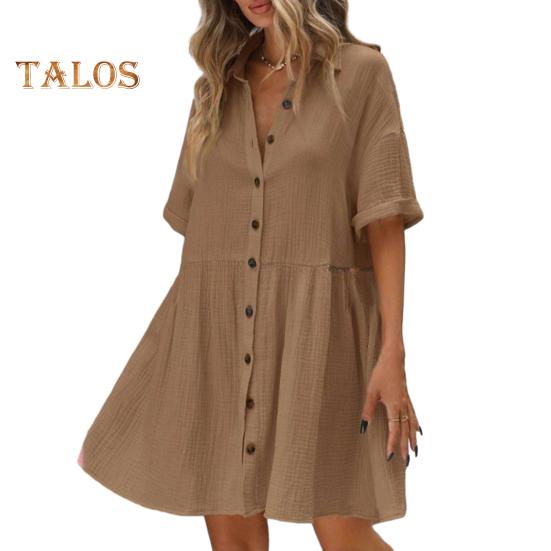 Women's Short Sleeve Shirt Dress Lapel V Neck Button Down Swing Dress Summer Casual Flowy Beach Sundress