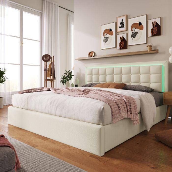 Lit avec cadre de lit LED - MUVOE - 140x200cm - Similicuir blanc - Matelas inclus - Espace de rangement