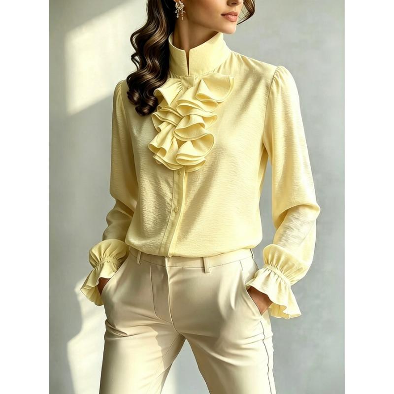 Women S Stand Collar Long Sleeve Solid Polyester Shirt Elegant Commuter Style