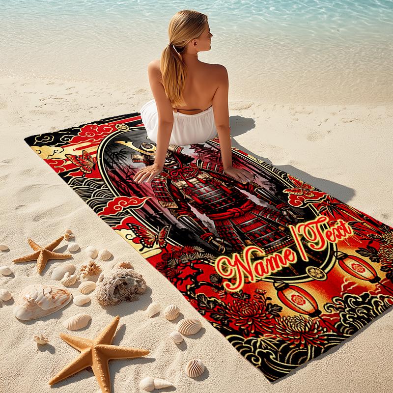 1PC Custom Name Samurai Armor Beach Towel Highly Absorbent And Sand-Resistant Towel for Swimming, Pool, Yoga, And Travel Lightweight