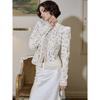 Nová krajková háčkovaná květinová dámská košile Módní dojíždění Dlouhý rukáv Kardigan Top Retro Slim Stojáček Dámské halenky