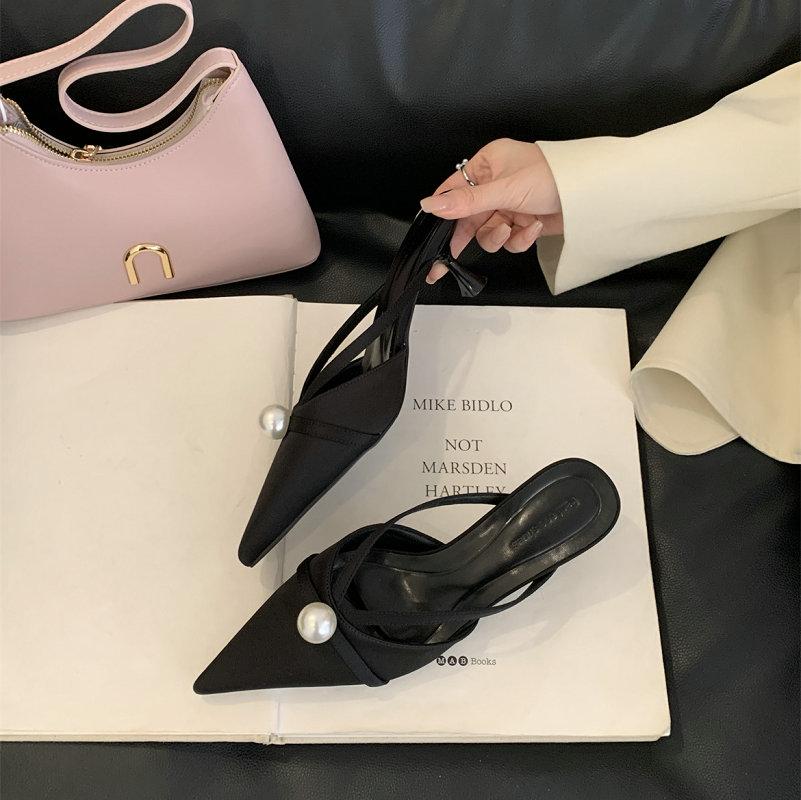 Fashion French Pointed Baotou Half Slippers Female 2025 Spring New Wear Temperament Pearl Thin Heel Soft Soled Moqin Shoes