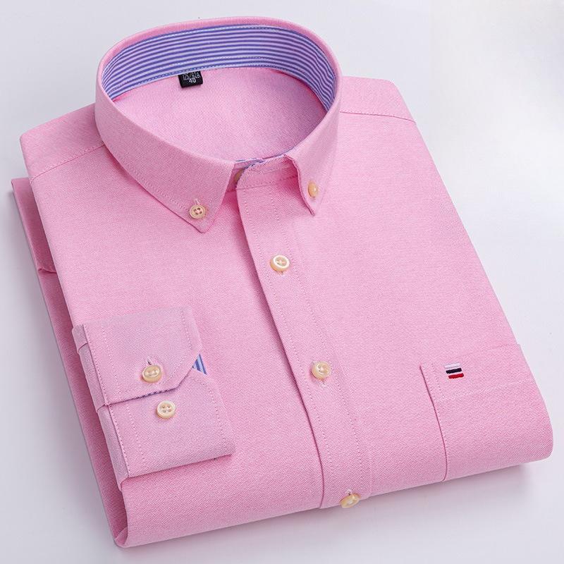 Men's Oxford Long Sleeve Square Collar Soild Plaid Striped Summer Casual Shirts Single Pocket  Shirt