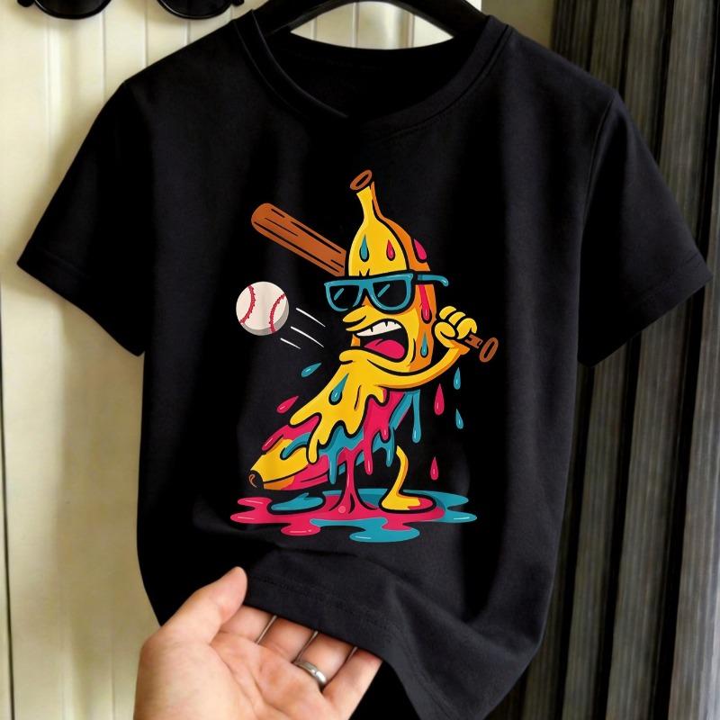 Boys Colorful Banana Baseball Print Crewneck Short Sleeve Tee,