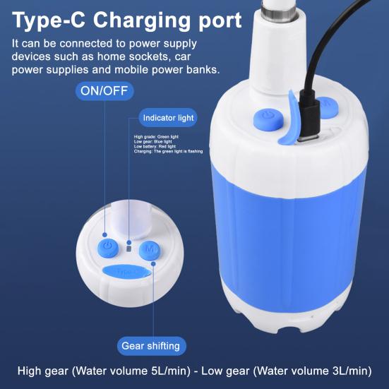 Portable Camping Shower USB Rechargeable Outdoor Hiking Camp Shower Pump Car Washing Pet Cleaning RV Traveling Electric Shower Head Sprayer