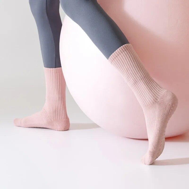 Macaron Striped Simple Cotton Mid-calf Women Yoga Socks Bottom Silicone Non-slip Sports Socks Indoor Dance Fitness Pilates Socks