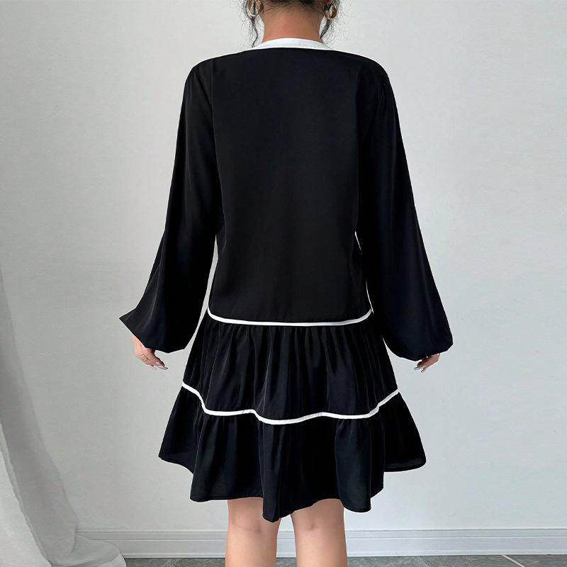 Spring Autumn Women's New Dress Fashion Temperament Color Block V-neck Lantern Sleeve Bow Loose High Waist A-line Short Dresses