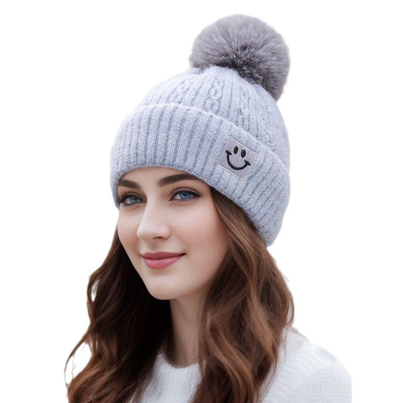 Women's Autumn & Winter Smiley Face Pom-Pom Knit Hat - Velvet Lined, Thickened, Cold-Proof, and Warm.