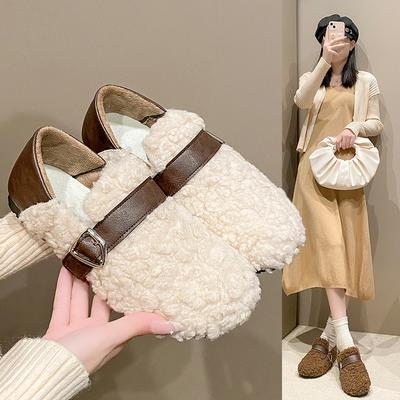 Chaussures d'automne et d'hiver pour femmes Plus velours Décontractées Plates Chaussures en coton Bout rond Pantoufles en coton
