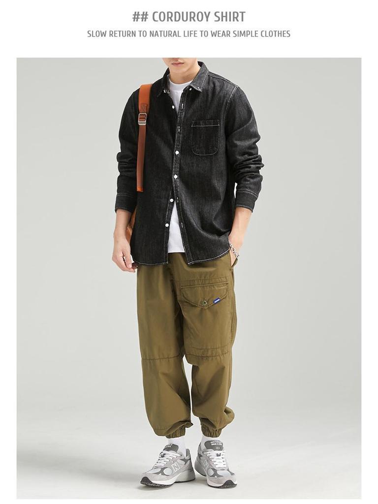 Camisa Masculina Retro Lavada Jeans Manga Longa - Primavera Casual Cor Sólida com Lapela Fina