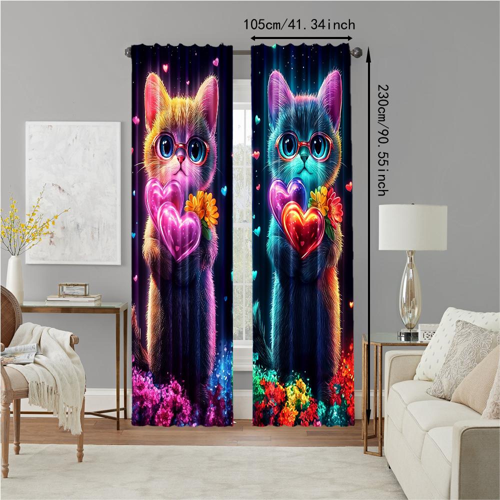 Set Of 2 Colorful Dream Cat Printed Window Curtain Treatment Bedroom Office Kitchen Living Room Study Home For Sitting Made Polyester With Rod Pocket