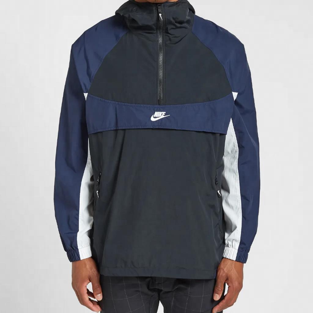Nike Sportswear Retro Colorblock Loose Fit Half-Zip Hooded Jacket Men Outerwear Blue Black BV5386-010