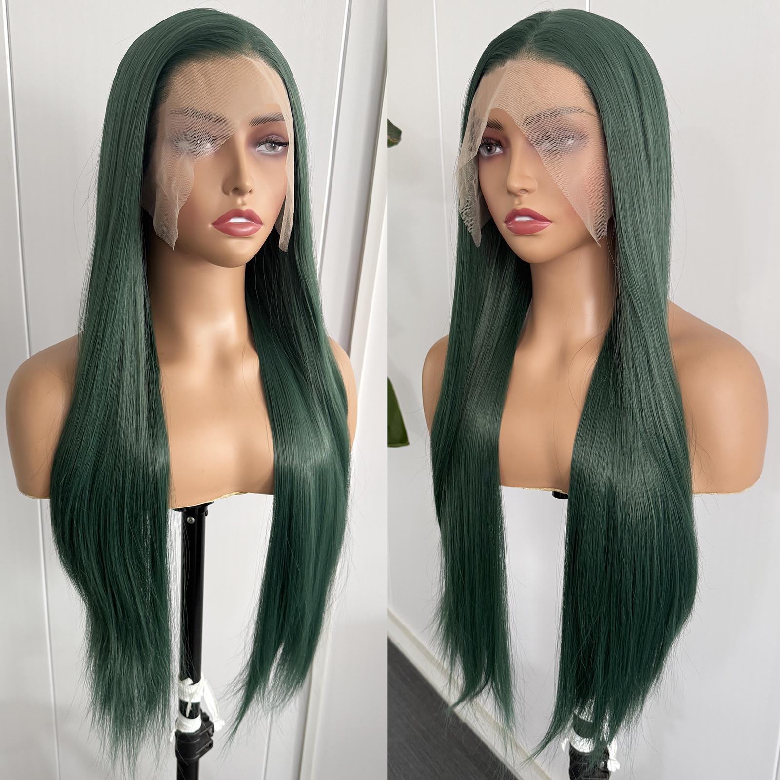 AIMEYA Dark Green Lace Front Wig 13x4 Long Silky Straight Synthetic Daily Wear Cosplay Wig Natural Hairline Heat Resistant Fiber (Dark Green,18inches) темно-зеленого