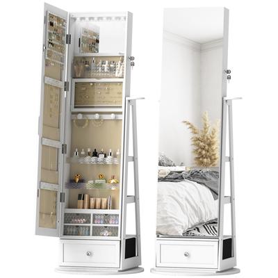Jewellery Mirror with LED Lights Jewellery Cabinet with Full-Length 360 Degrees Swivel Mirror Drawer Lock White