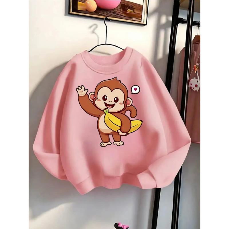 European sizes Cute Monkey Banana Wave Heart Kids' Fashionable Crewneck Sweatshirt, children's long sleeved, casual multi colored