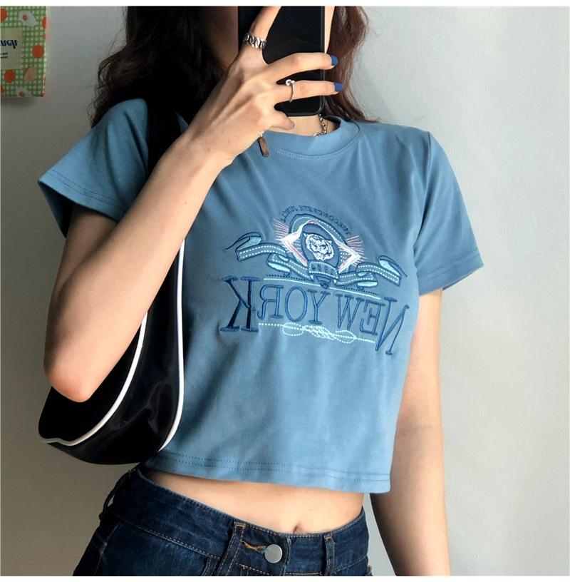 

Short-sleeved t-shirt women s summer new Korean version of Internet celebrity super fire Hyunya style short embroidered student slim-fit S синий