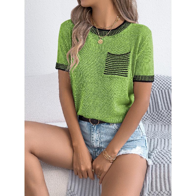 2026 Spring/Summer Casual Color-Block Striped Pocket Short-Sleeve Women's Versatile Knit Sweater