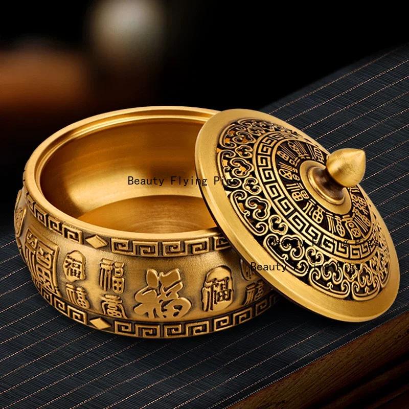 1pc Metal Ashtray Flat Bottomed Ashtray with Lid Desktop Ornament Buddhist Temple Utensils Incense Burner Home Decoration