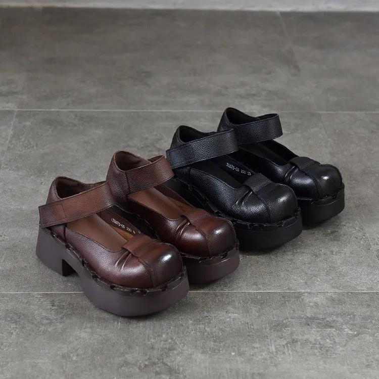 Johnature Thick Soled High Heels Pumps Genuine Leather Retro Round Toe Thick Heeled Women's Shoes