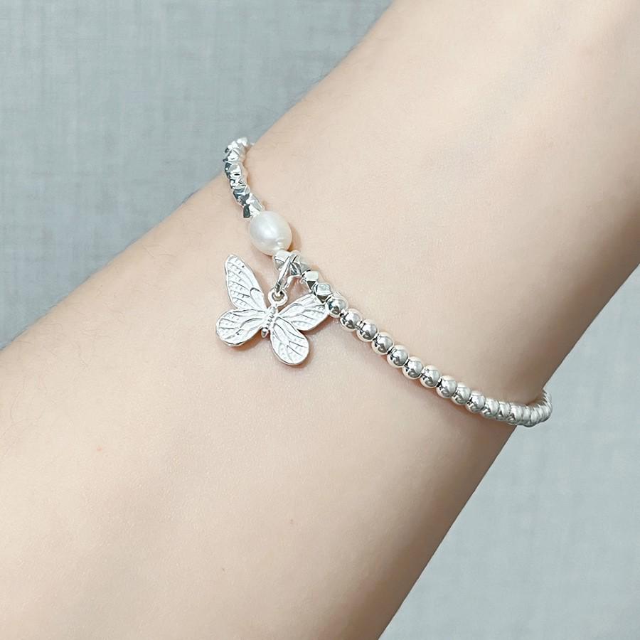 Trendy Asymmetrical Silver Butterfly Pearl Bracelet for Women