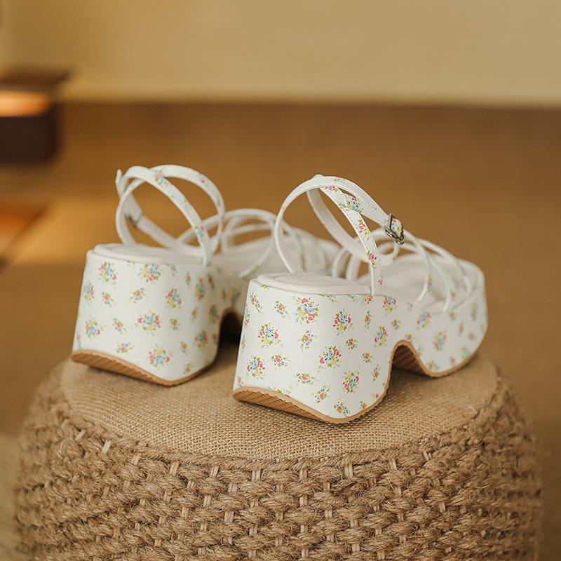 Summer sandals women's slope heel thick sole heightened 7cm waterproof table thick heel one-word buckle black sweet and cool Roman shoes