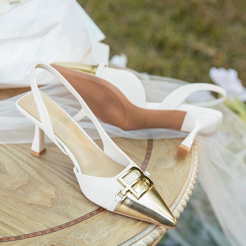 

Splicing B buckle pointed high heels women s rear strap bag head sandals women s light mouth single shoes color matching summer 39