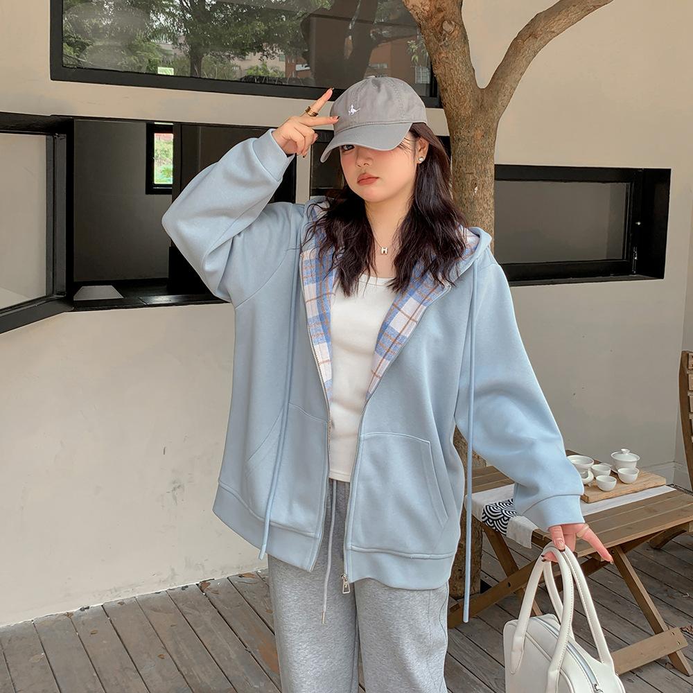Women's Hooded Zip Up Hoodie Jacket Loose Fit Plus Size Plaid Lined Contrast Casual Long Sleeve Outerwear For Autumn