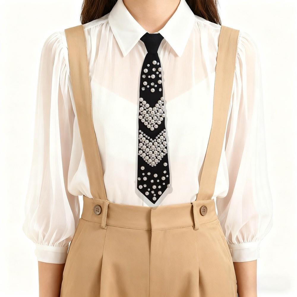 Rhinestone Pearls Tie Black Decoration Shirt Tie Hand-beaded Long Necktie  Women