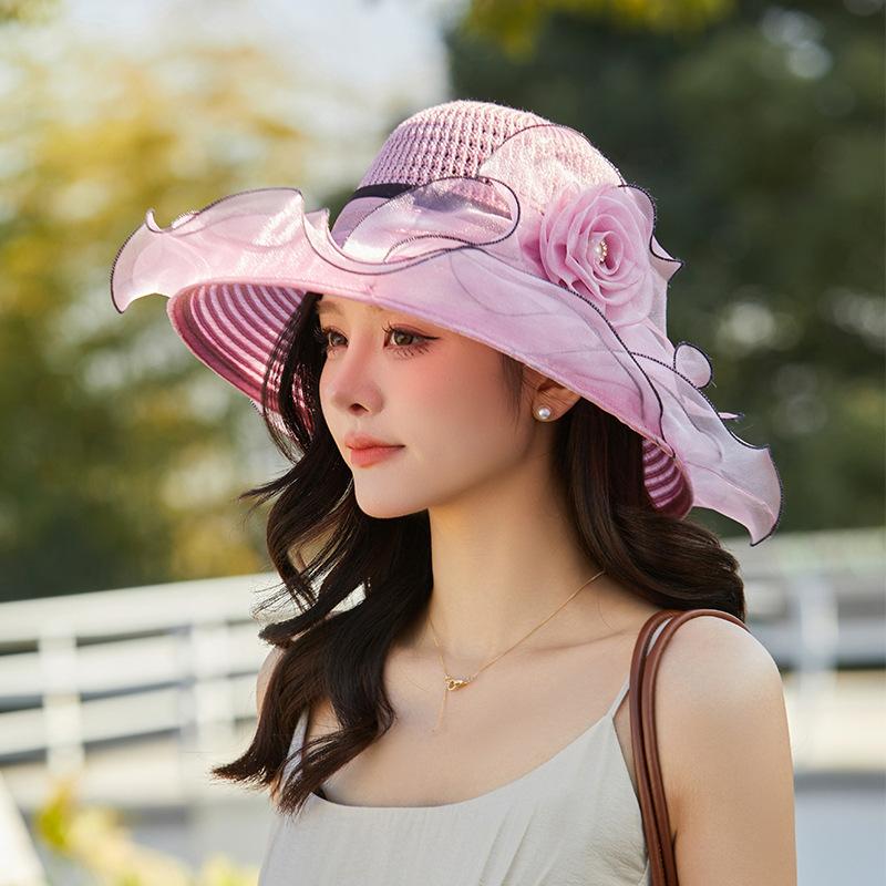 Summer eaves organza flower pot hat women's elegant temperament sunshade sunscreen hat fashion travel beach hat