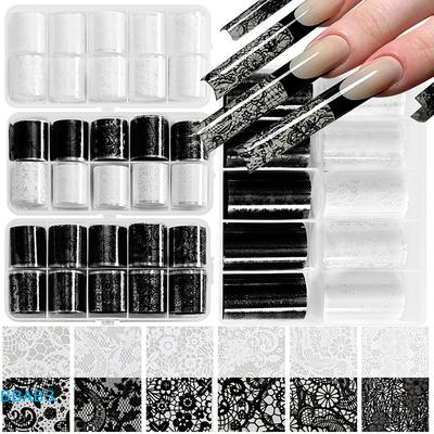 1/10 Rol Elegante Zwart Witte Kant Bloemen Nagel Transfer Folies Fantasy Retro Bloemig Sterrenhemel Papier Sticker Manicure Accessoires