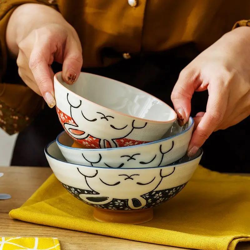 Cartoon Ceramic Japanese Bowl, Cute Seasoning Kitchen Tableware,Soup Rice Bowls, Instant Noodle Bowls, Underglaze Colored Plates