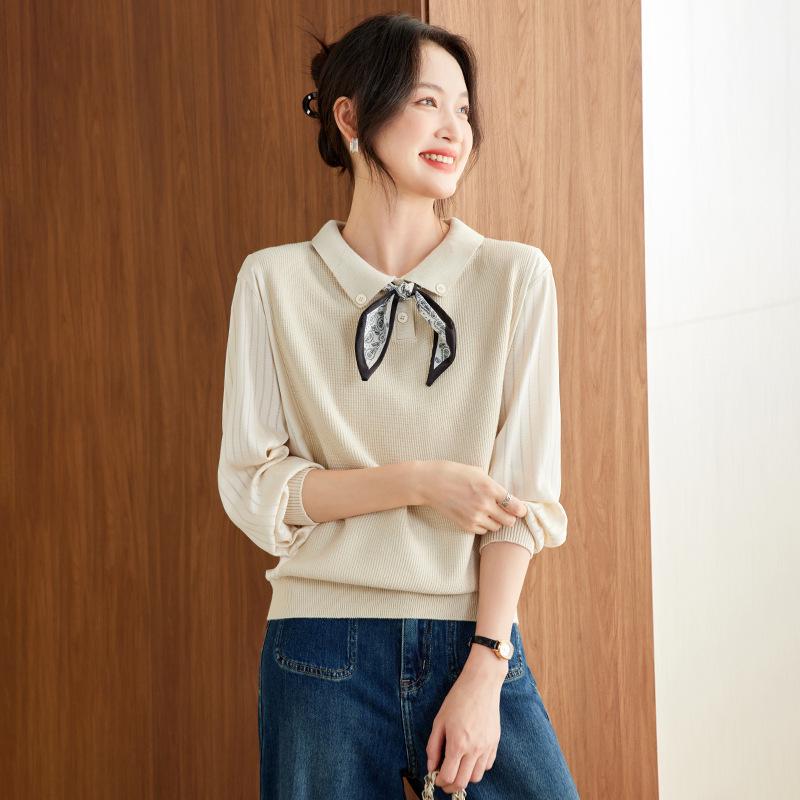 Women's Elegant Autumn Lapel Knitted Sweater, Fake Two-Piece Loose Top
