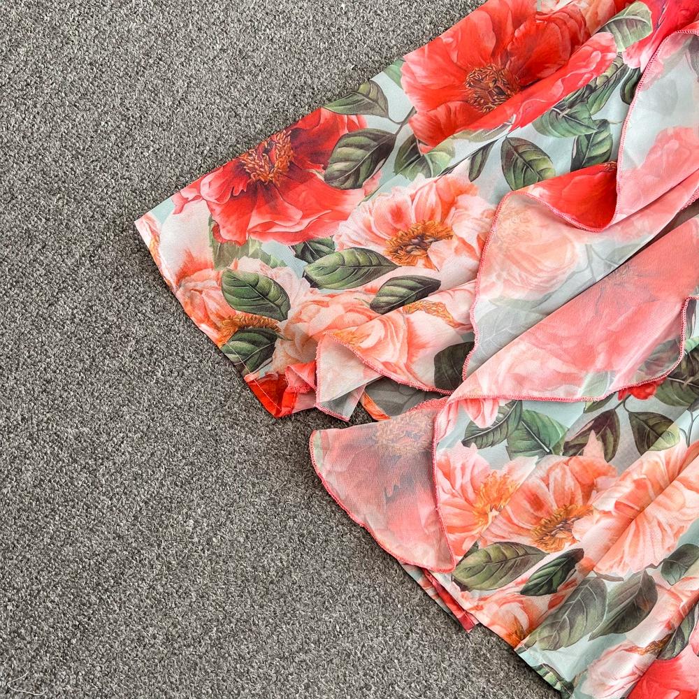 Robe longue style bohème pour femme, col en V, dos nu, taille haute, coupe trapèze, volants, imprimé, vacances en bord de mer