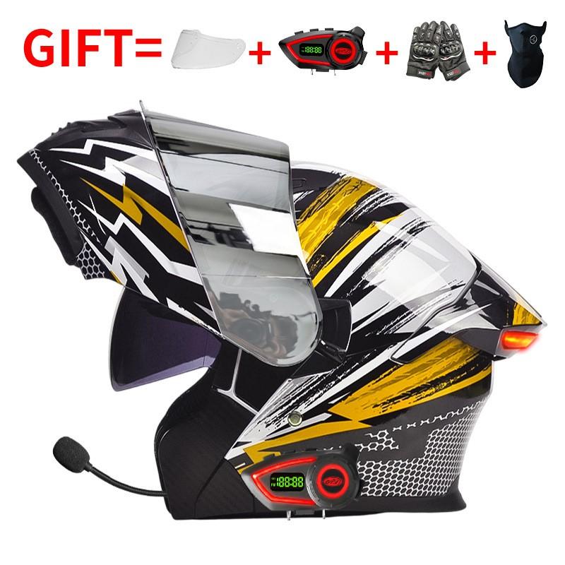 Bluetooth Smart Tail Light Motorcycle Flip-Up Helmet Men Women All Season Full Face Off-Road Riding