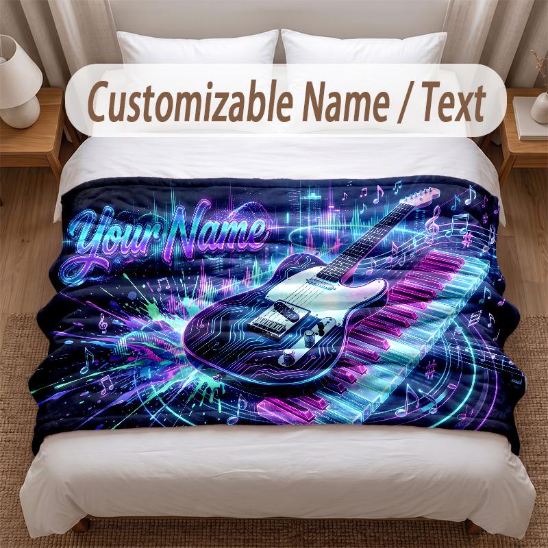 Music Guitar Theme Soft Blanket Personalized Custom Name Text Print Warm Blanket Home Sofa Bedroom Decor