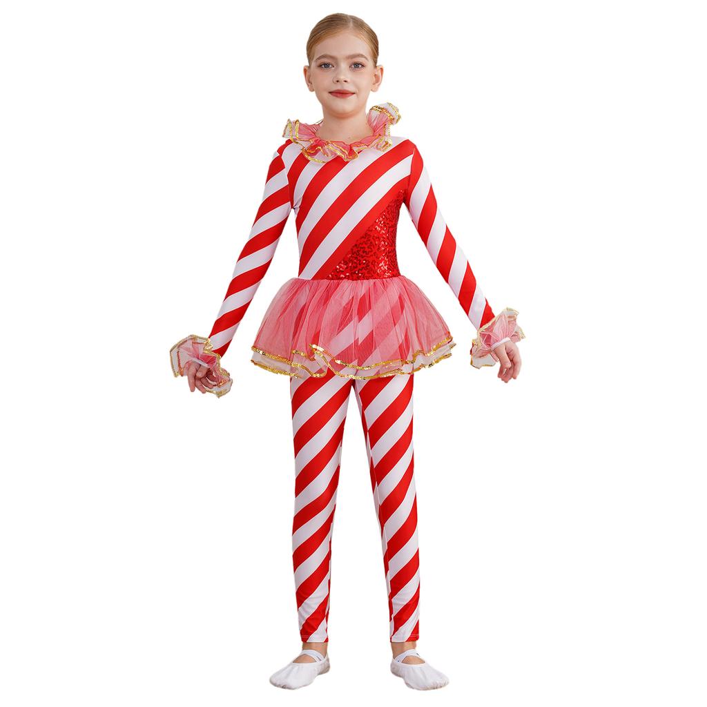 Girls Striped Jumpsuit Round Neck Long Sleeve Sequin Dance Leotard Christmas Party Wear